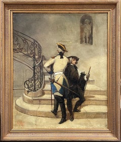 The Dueling Partners 1850's French Oil, Chateau Staircase Interior Beautiful oil