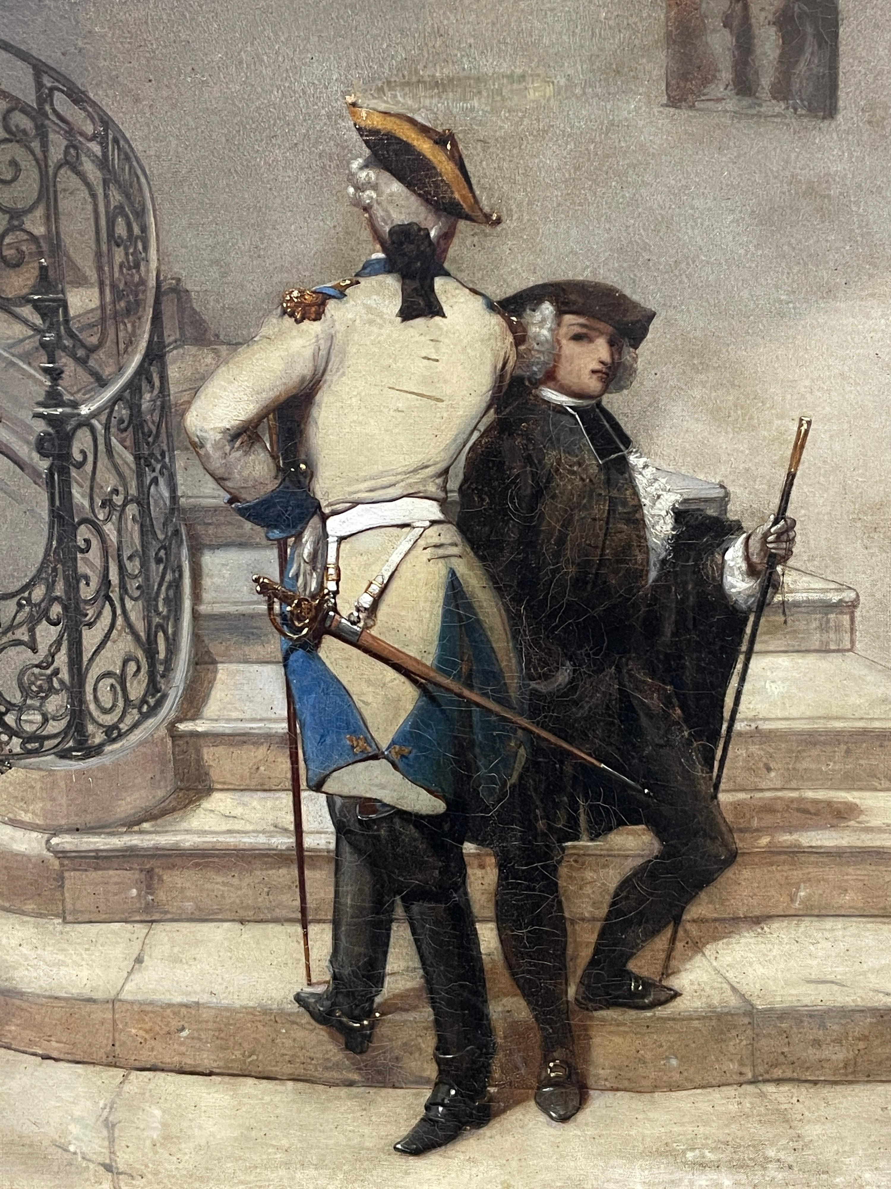 The Dueling Partners des années 1850 Huile française des années 1850, intérieur d'escalier de château Belle huile en vente 2