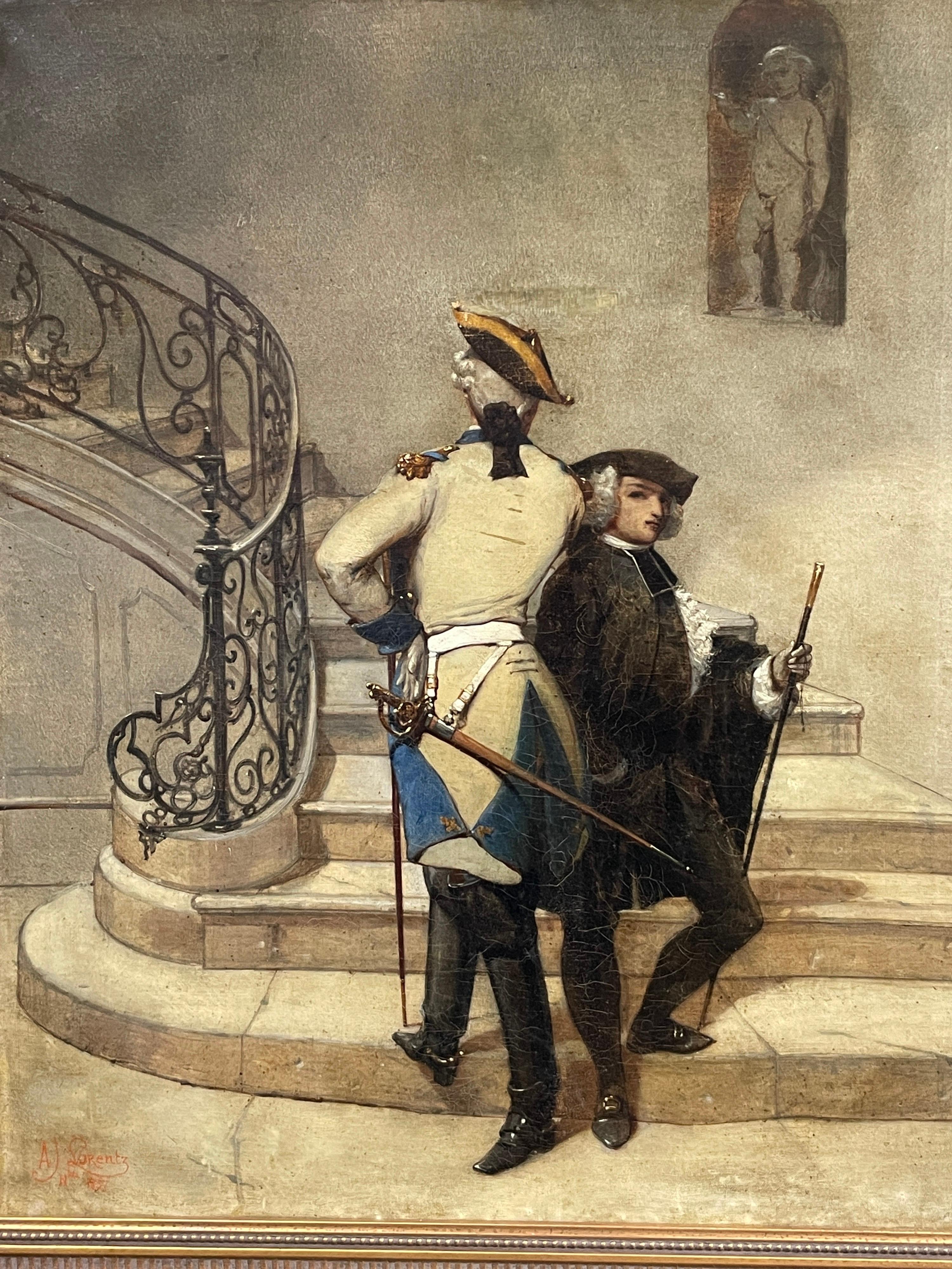 Französische Dueling Partners, 1850er Jahre, Öl, Chateau Staircase Innenraum, schönes Öl