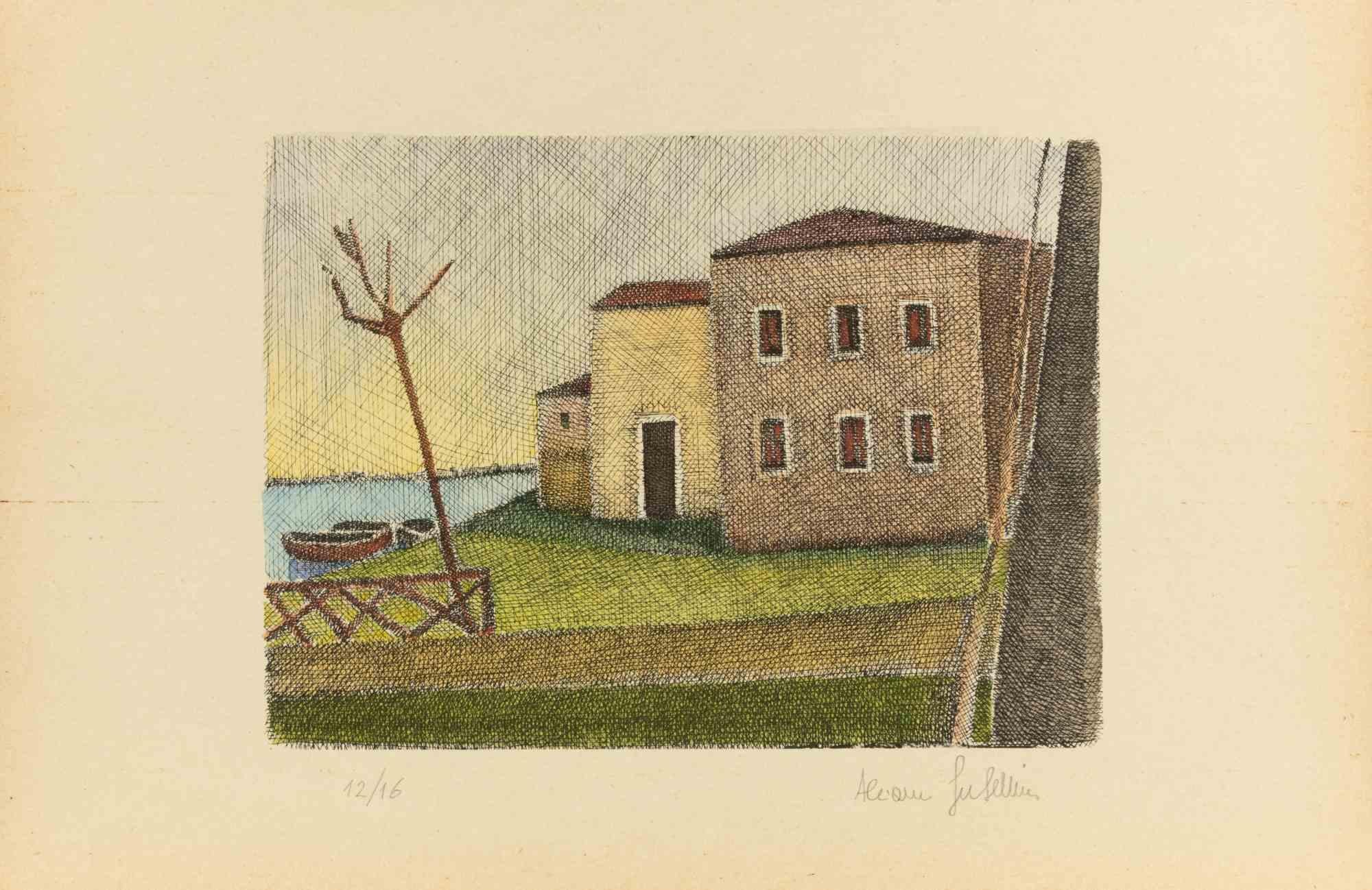 Aguafuerte y punta seca realizados por Alcione Gubellini a mediados del siglo XX.

Edición de 16 ejemplares.

Firmada a mano y numerada a lápiz.

Excelente estado.