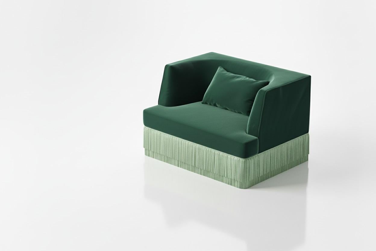 Portugais Fauteuil et pouf Alcove en velours Teal profond avec franges Blue Haze en vente