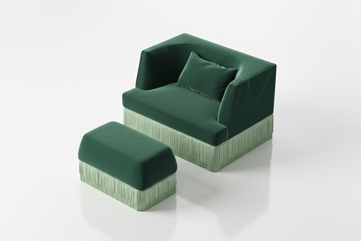 Fauteuil et pouf Alcove en velours Teal profond avec franges Blue Haze en vente 5