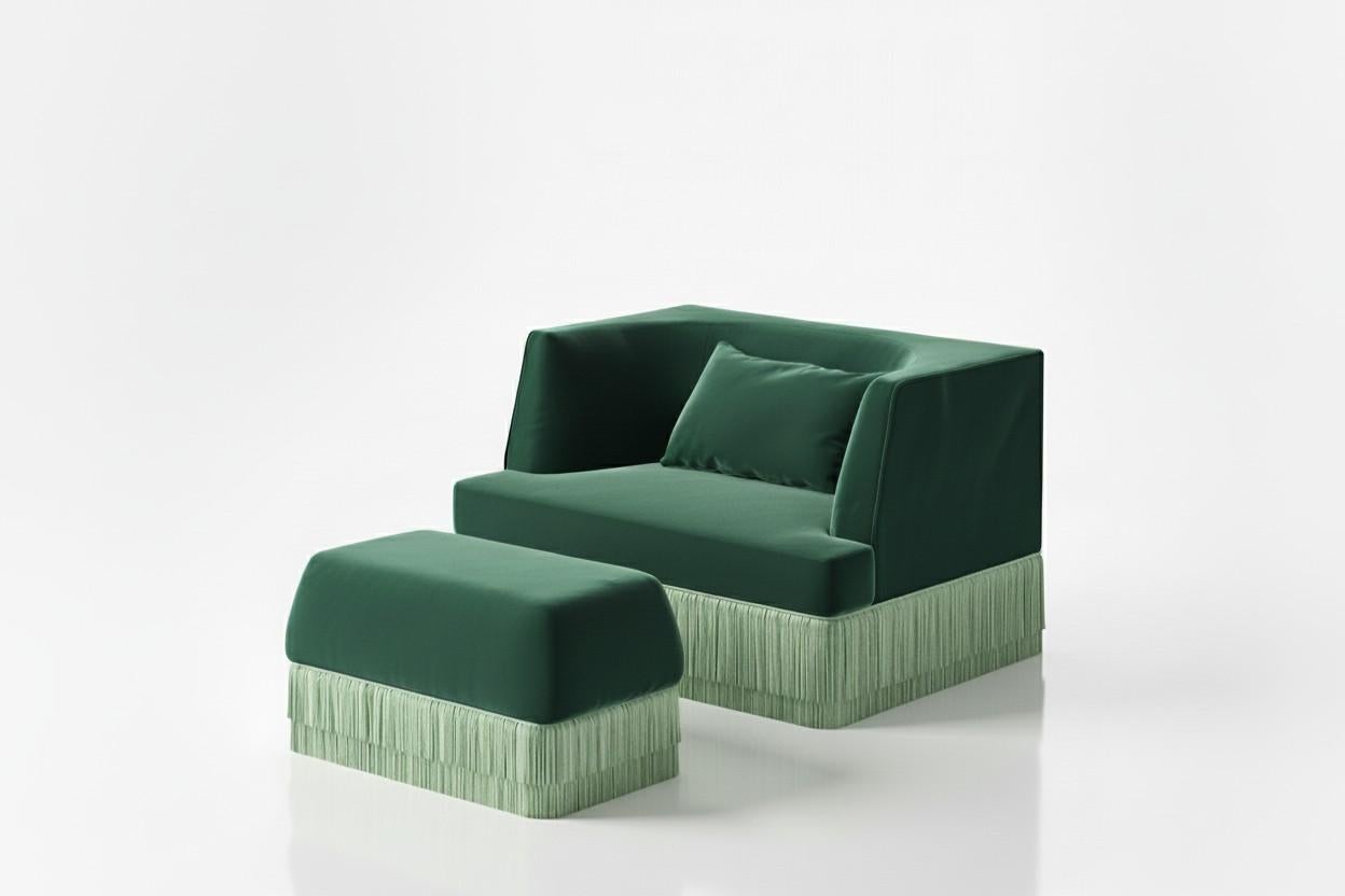 Fait main Fauteuil et pouf Alcove en velours Teal profond avec franges Blue Haze en vente