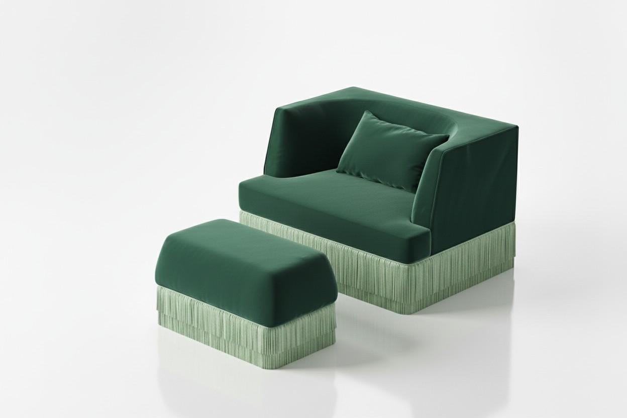 Moderne Fauteuil et pouf Alcove en velours Teal profond avec franges Blue Haze en vente