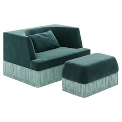 Alcove Armchair and Ottoman in Deep Teal Velvet with Blue Haze Fringes