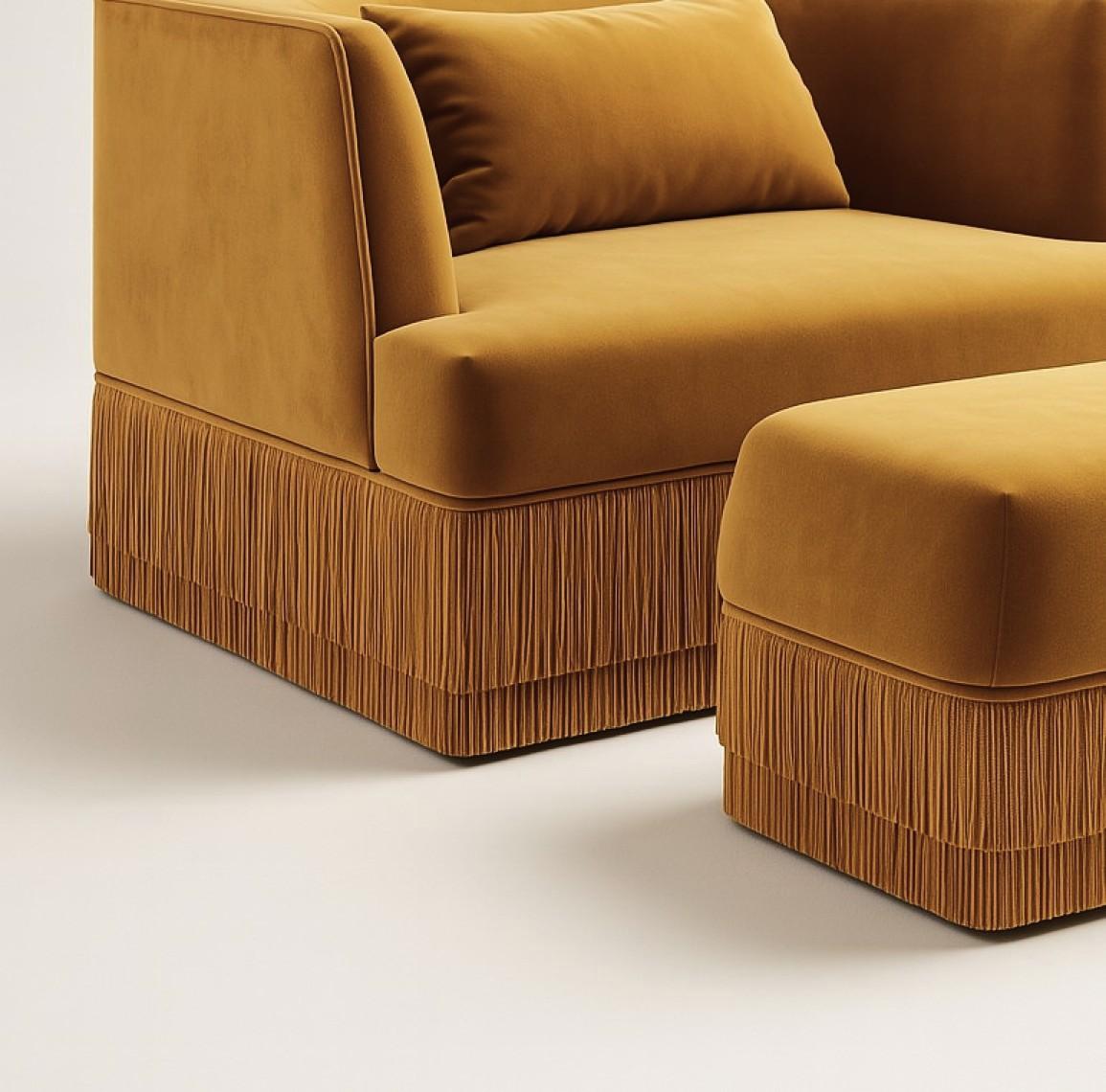 Alcove Sessel & Ottomane aus Alcove-Samt in Alpaka mit Fransendetails (Handgefertigt) im Angebot