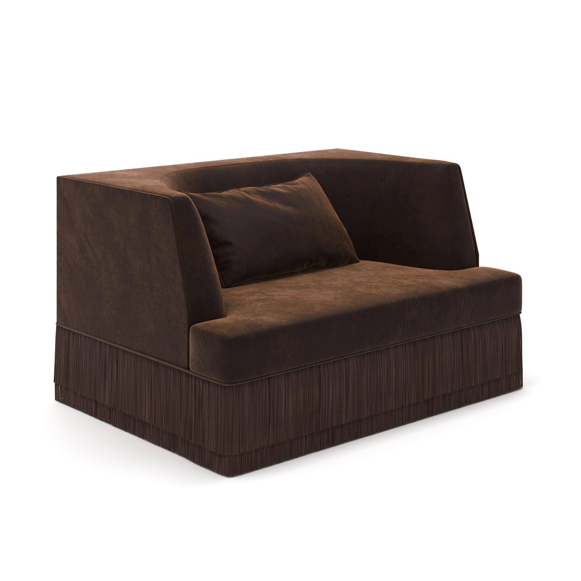 Contemporary Alcove Armchair and Ottoman in Honey Alpaca Velvet with Coordinated Fringe Base For Sale