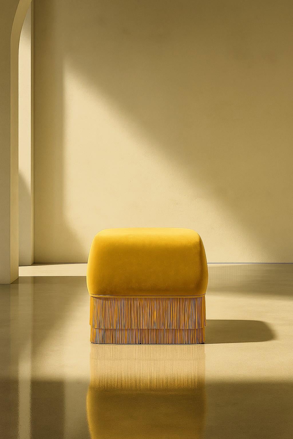 Alcove Armchair and Ottoman in Honey Alpaca Velvet with Coordinated Fringe Base For Sale 3