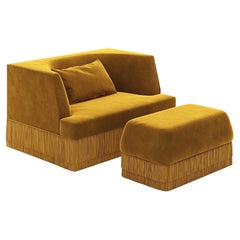 Alcove Armchair and Ottoman in Honey Alpaca Velvet with Coordinated Fringe Base