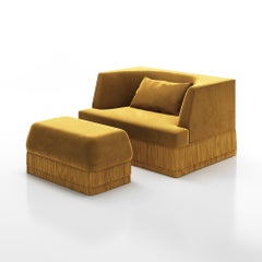Alcove Armchair and Ottoman Set In Honey Velvet & Fringed Base By Sidani Design