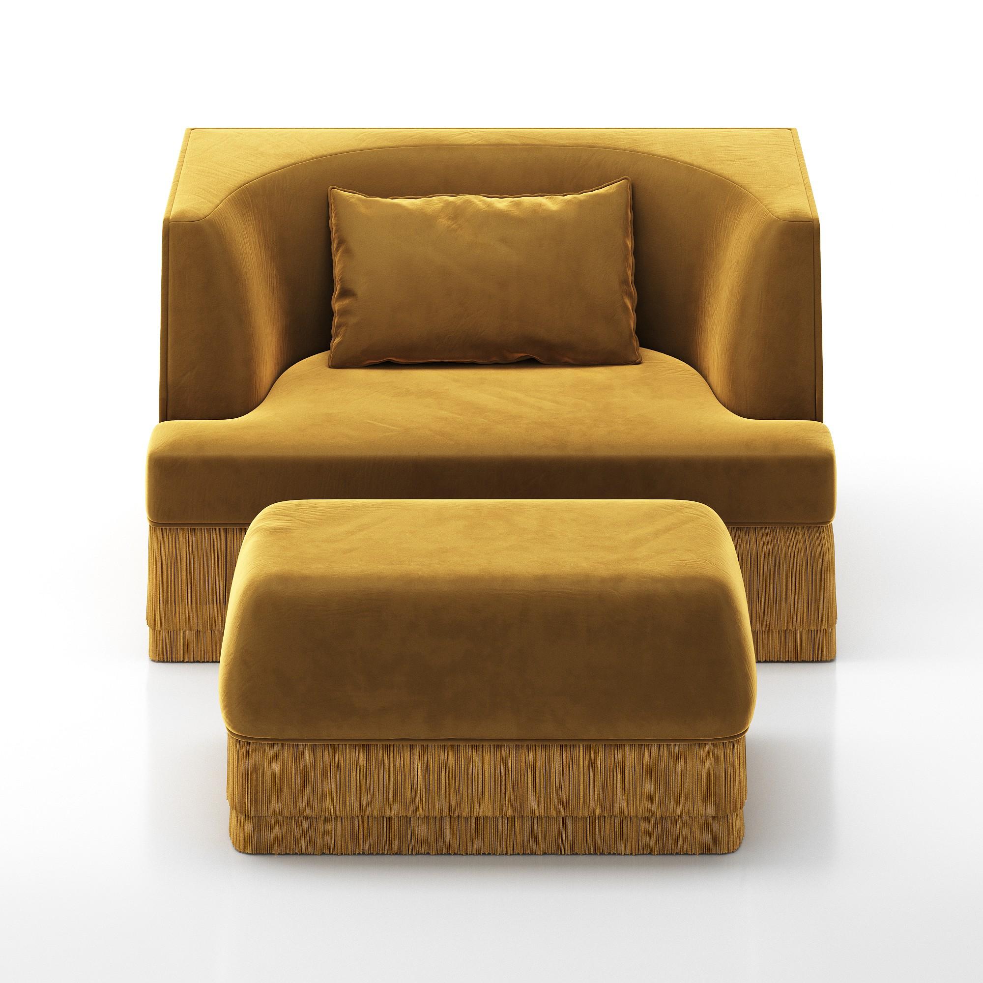 Modern Alcove Armchair and Ottoman Set In Honey Velvet & Fringed Base By Sidani Design For Sale