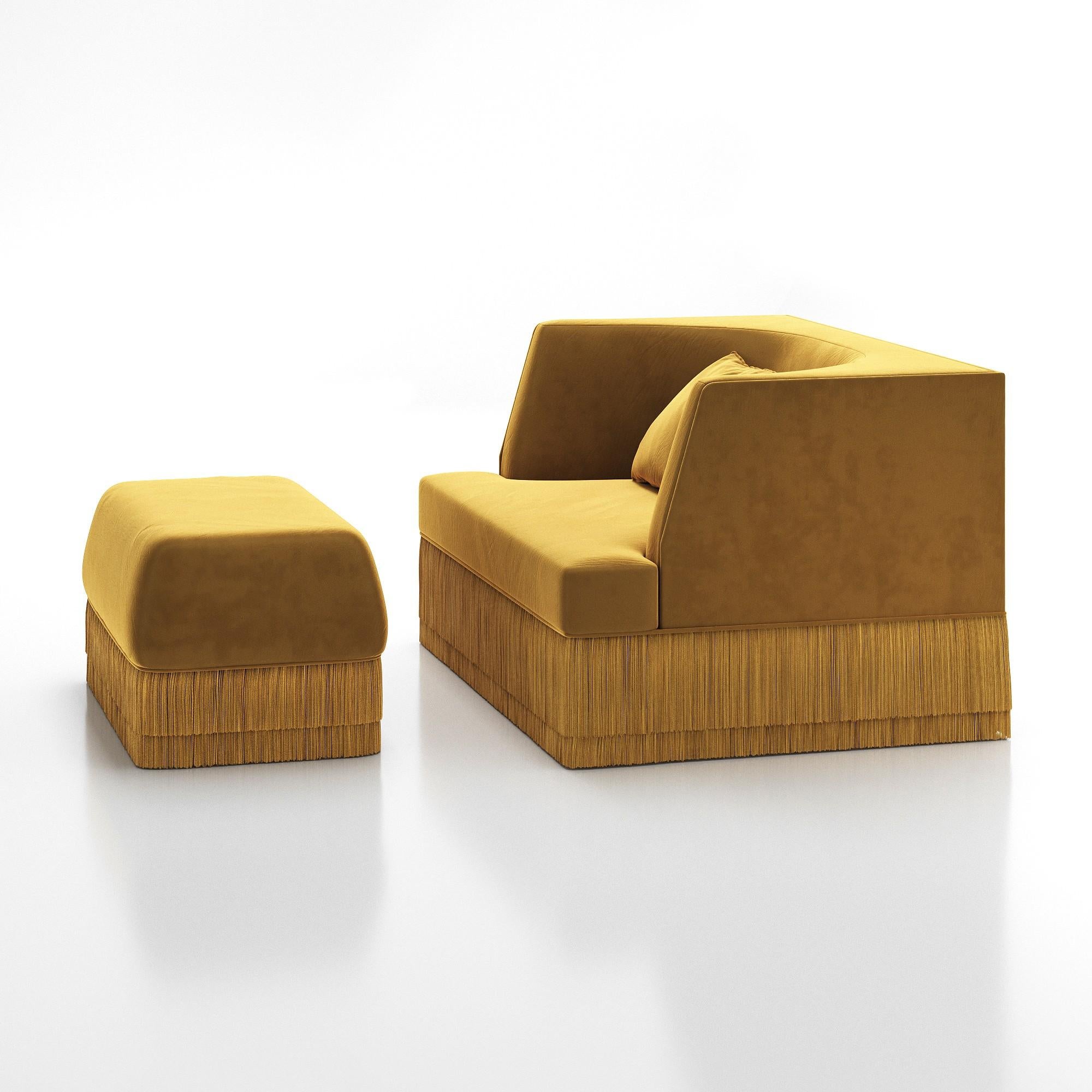 Portuguese Alcove Armchair and Ottoman Set In Honey Velvet & Fringed Base By Sidani Design For Sale