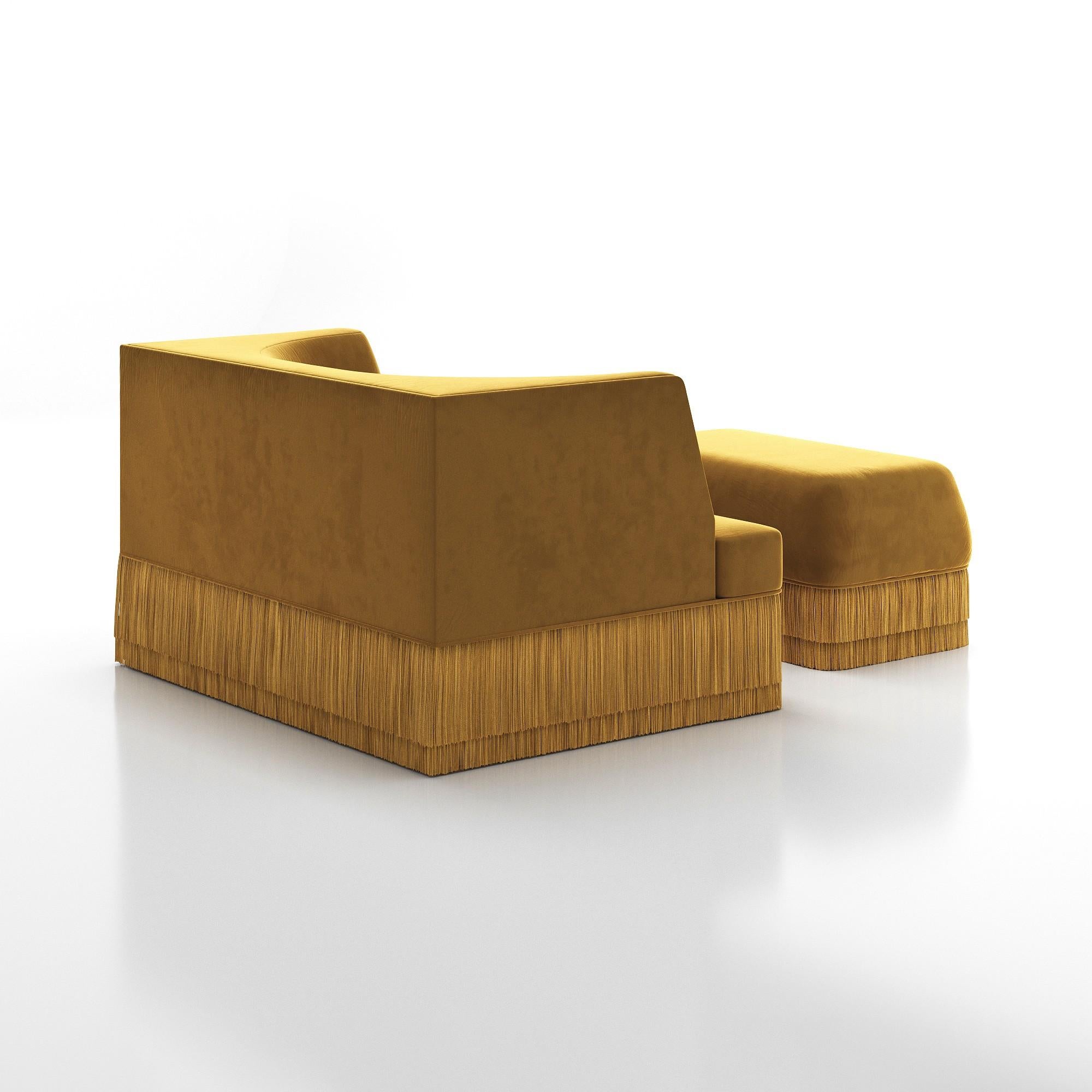 Hand-Crafted Alcove Armchair and Ottoman Set In Honey Velvet & Fringed Base By Sidani Design For Sale