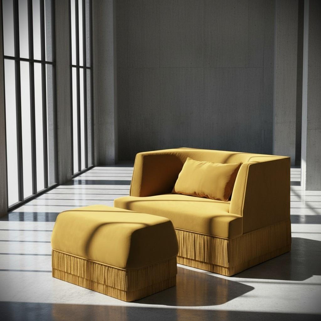 Alcove Armchair and Ottoman Set In Honey Velvet & Fringed Base By Sidani Design In New Condition For Sale In NEW YORK, NY