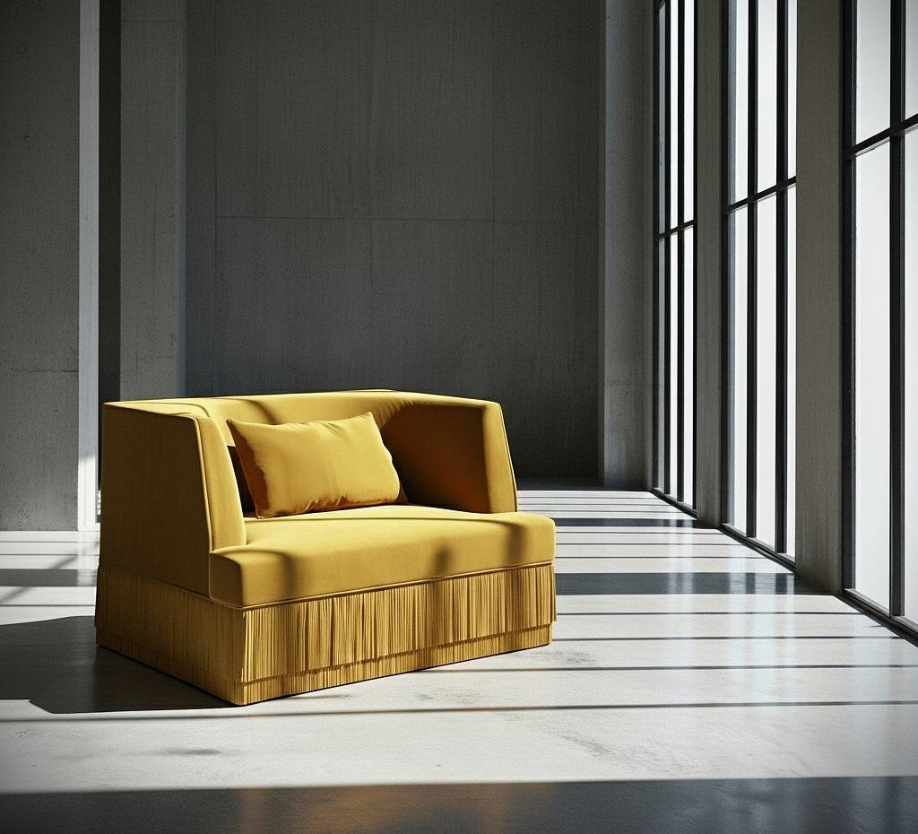 Contemporary Alcove Armchair and Ottoman Set In Honey Velvet & Fringed Base By Sidani Design For Sale