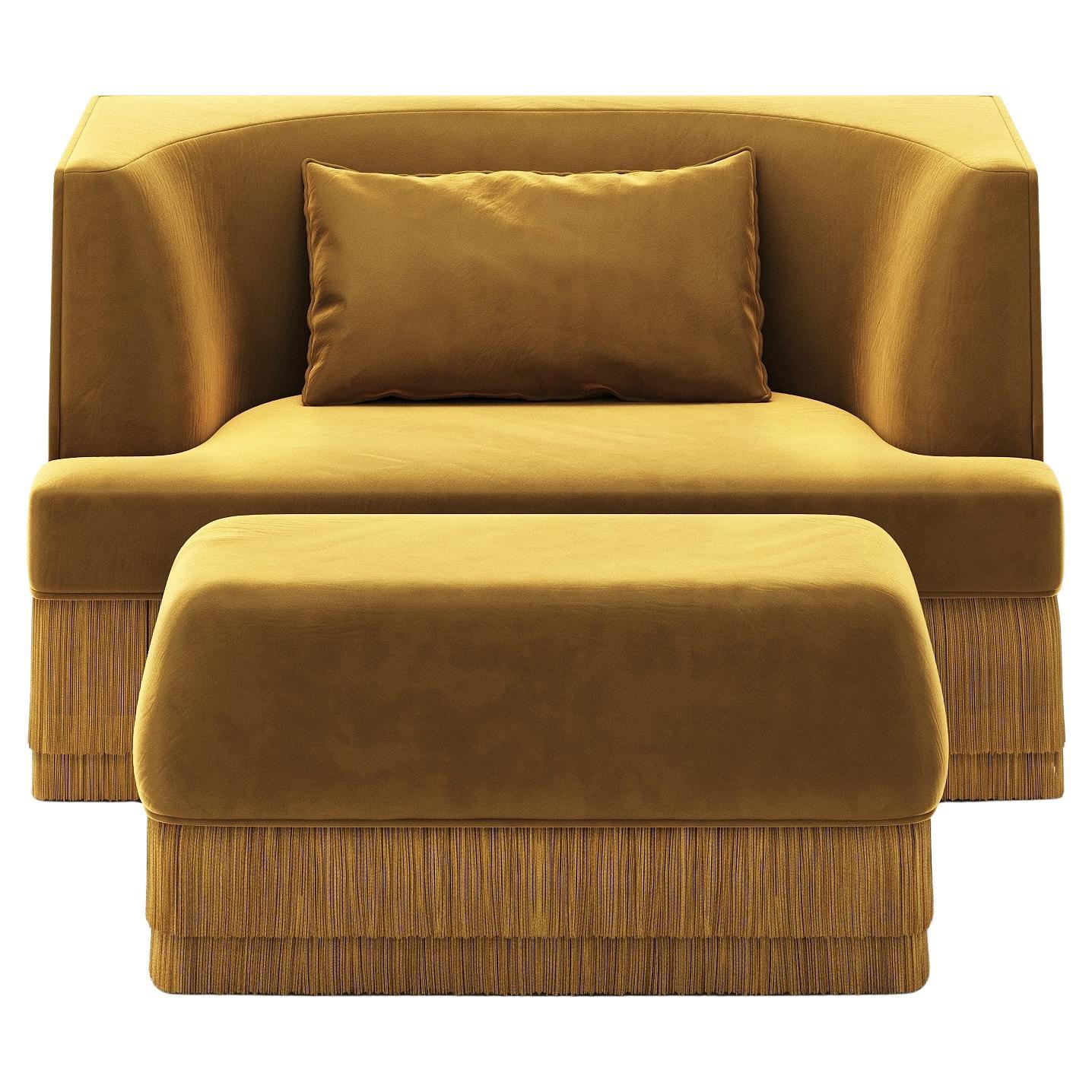 Alcove Armchair and Ottoman Set In Honey Velvet & Fringed Base By Sidani Design For Sale