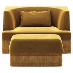 Alcove Armchair and Ottoman Set In Honey Velvet & Fringed Base By Sidani Design
