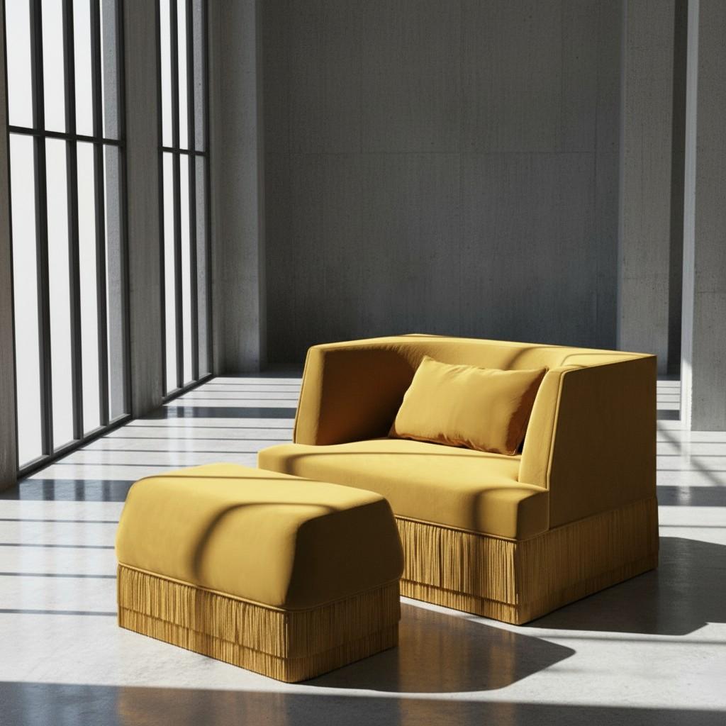 XXIe siècle et contemporain Ensemble fauteuil et pouf Alcove en velours miel et base frangée par Sidani Design en vente