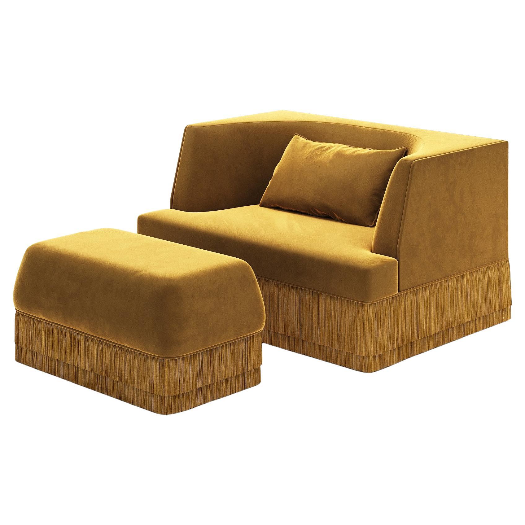 Alcove Armchair and Ottoman Set In Honey Velvet & Fringed Base By Sidani Design