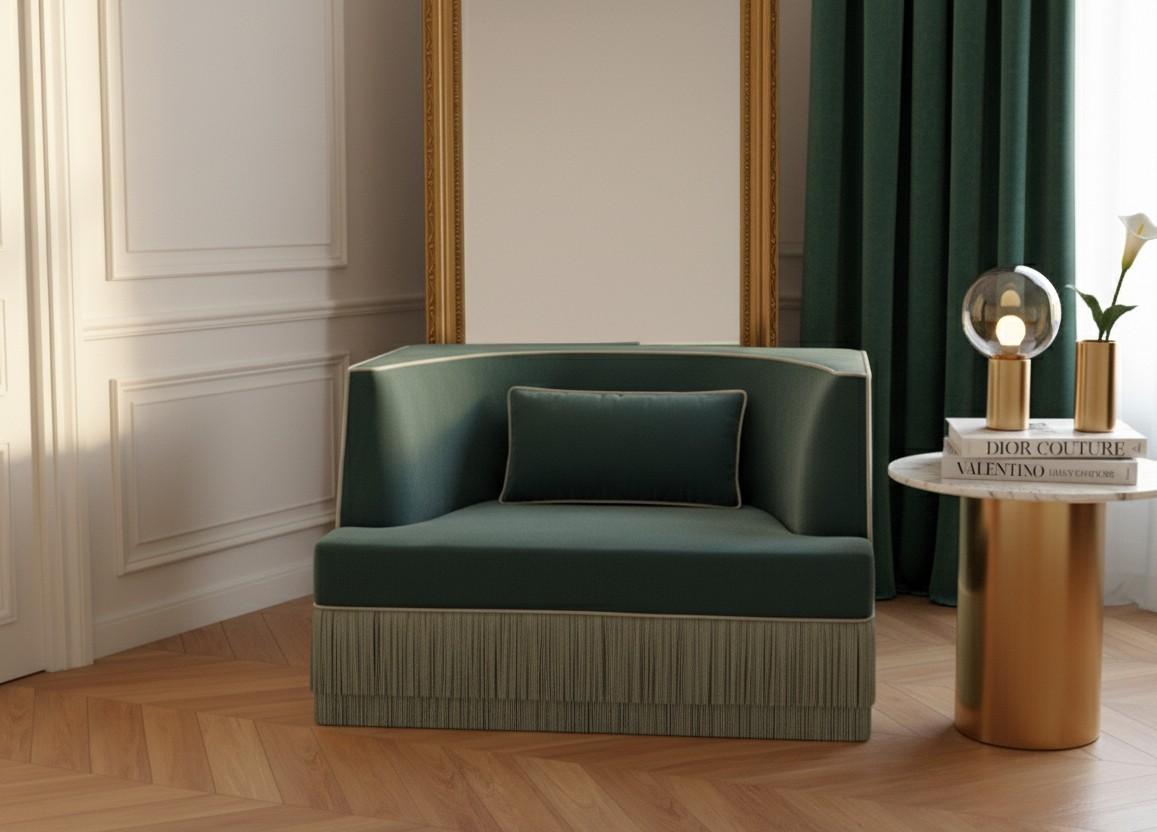 Fait main Fauteuil Alcove édition Couture en velours alpaga avec franges en vente