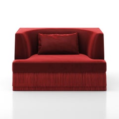 Alcove Armchair In Ruby Red Velvet With Fringe Skirt, Sidani Design
