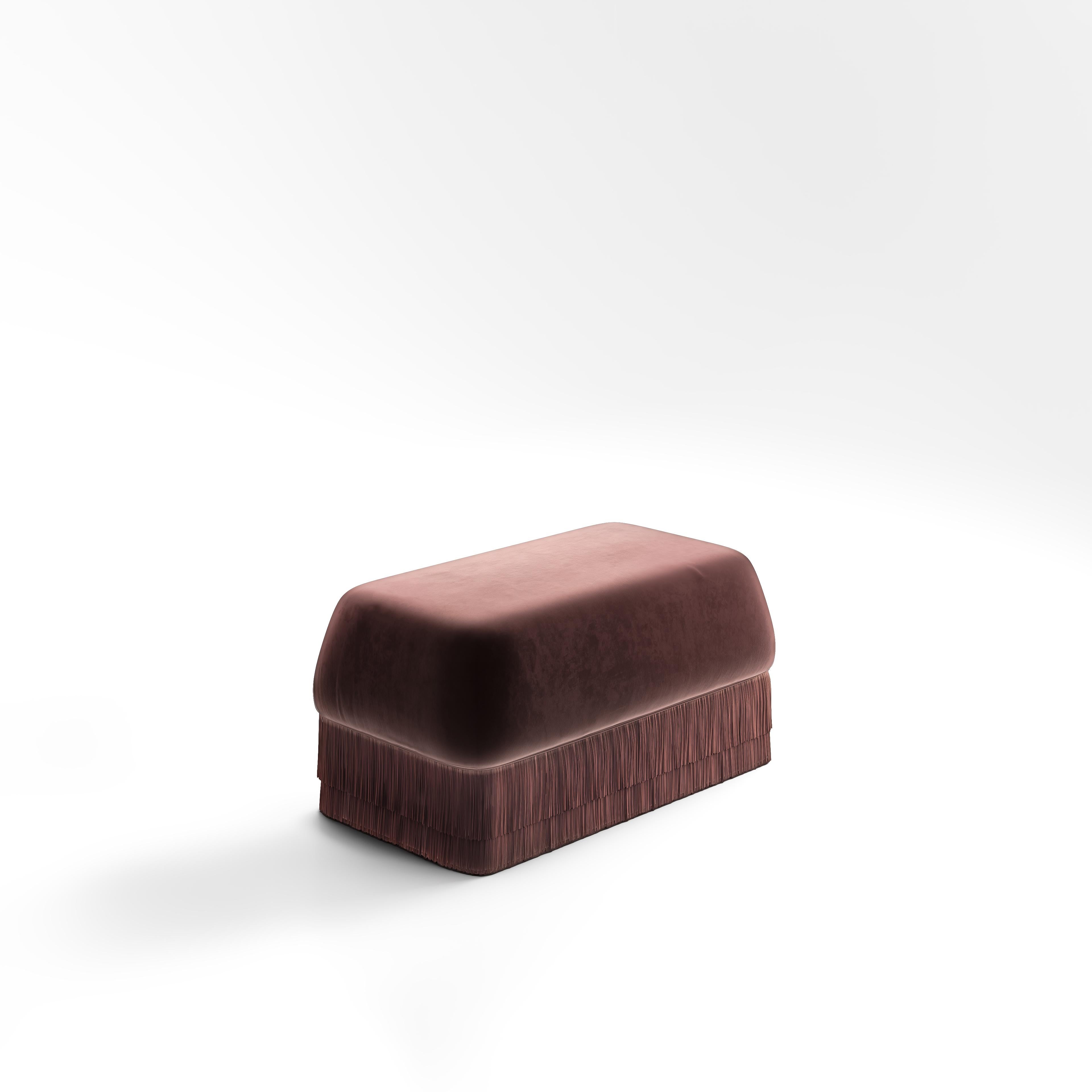 Hand-Crafted Alcove Armchair & Ottoman Set In Alpaca Honey Velvet w/ Fringe Detailing For Sale