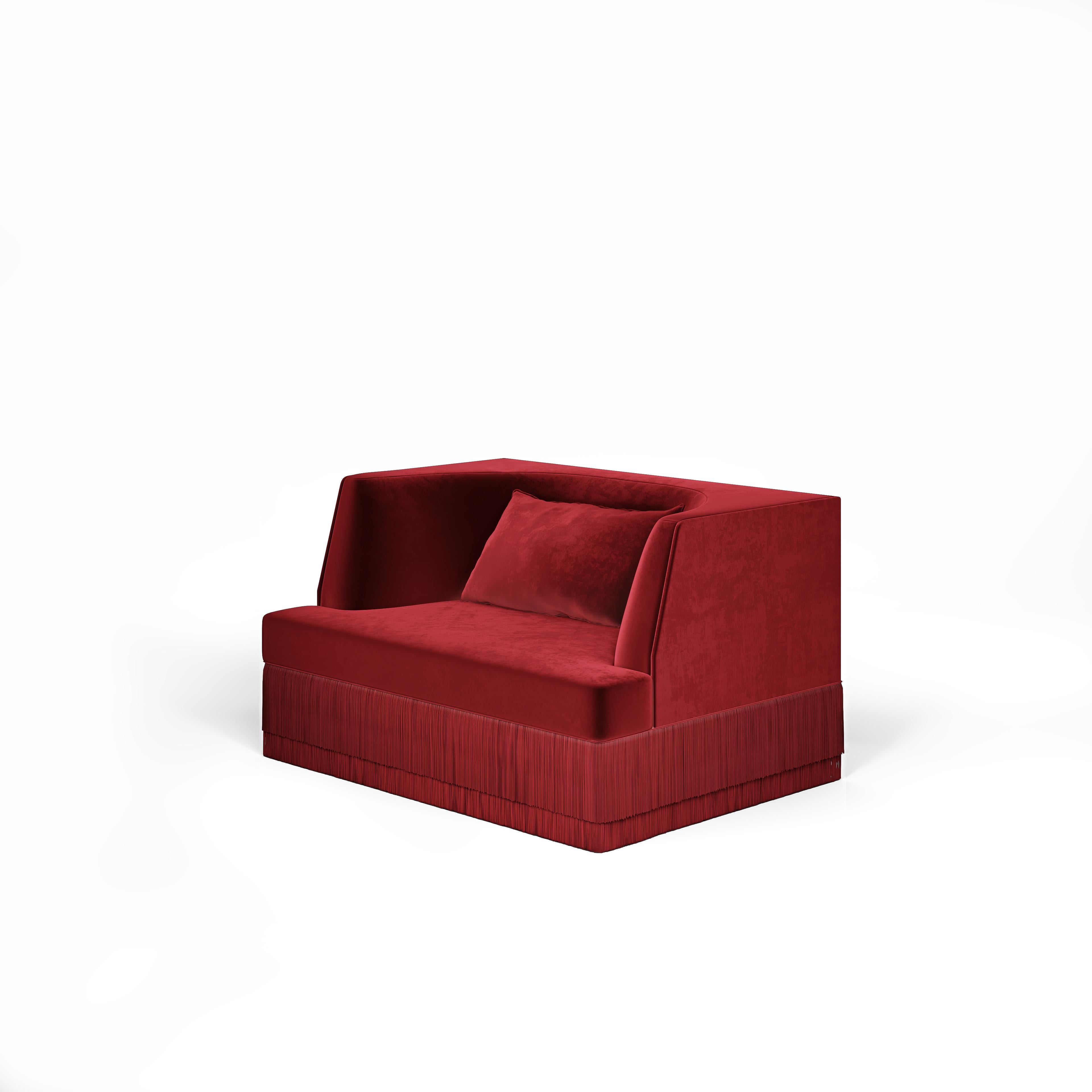 Upholstery Alcove Armchair & Ottoman Set In Alpaca Honey Velvet w/ Fringe Detailing For Sale