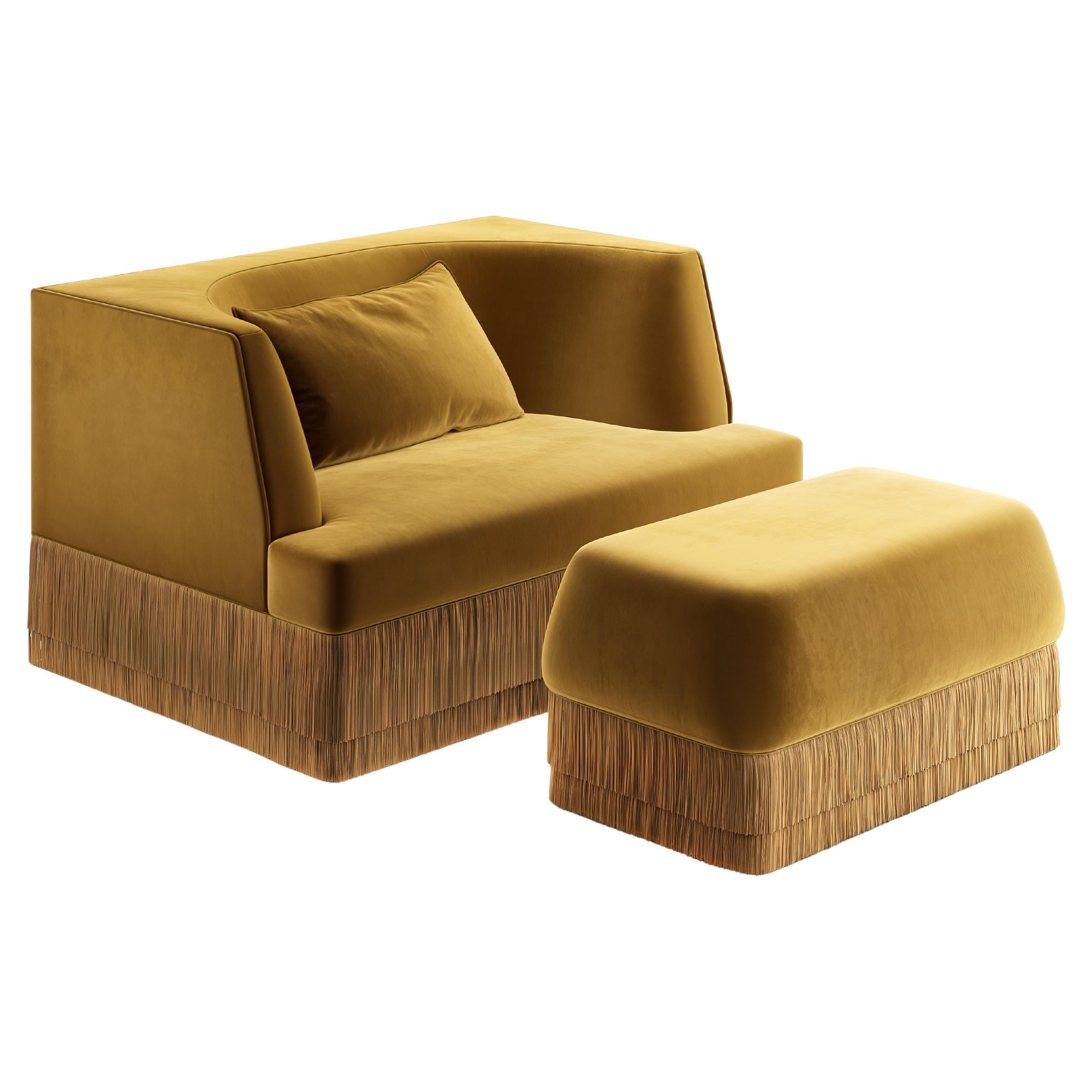 Alcove Armchair & Ottoman Set In Alpaca Honey Velvet w/ Fringe Detailing For Sale