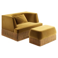 Alcove Armchair & Ottoman Set In Alpaca Honey Velvet w/ Fringe Detailing