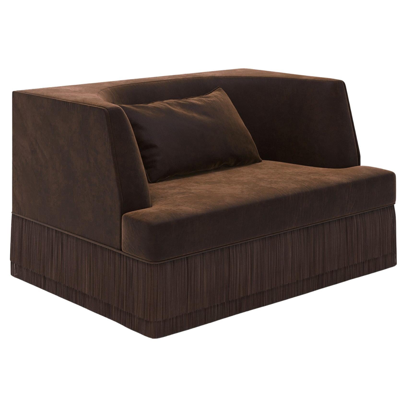 Alcove Contemporary Linear Armchair With Fringe Base In Chocolate Velvet in vendita