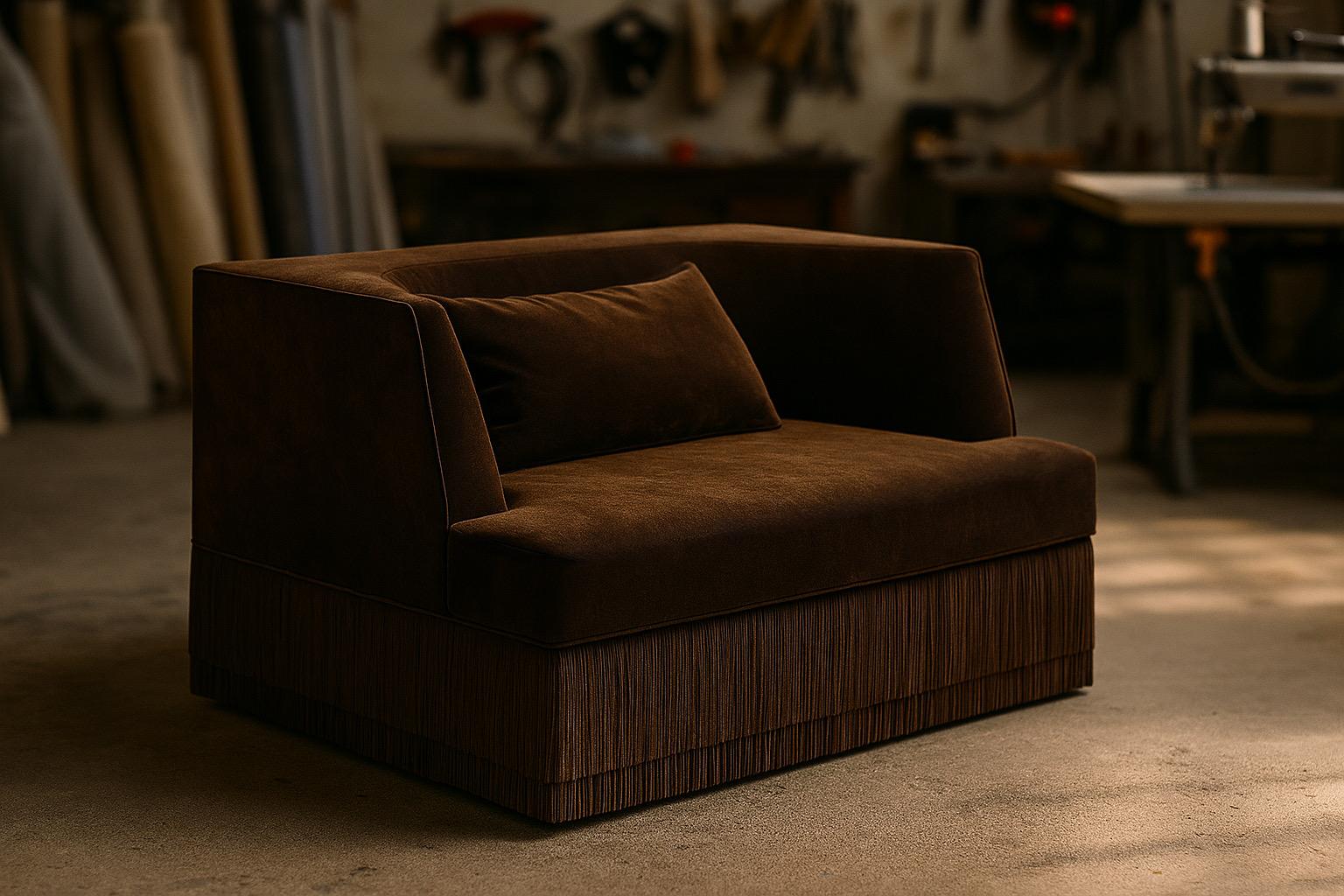 Tappezzeria Alcove Contemporary Linear Armchair With Fringe Base In Chocolate Velvet in vendita