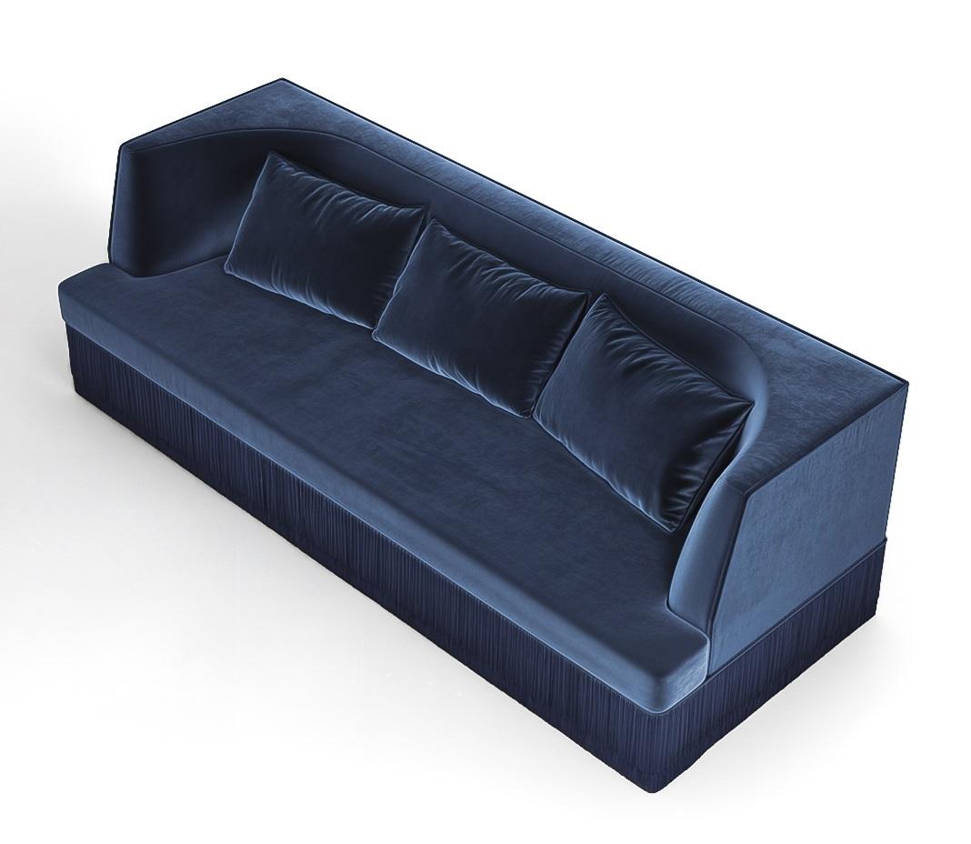 Modern Alcove Linear Sofa With Curved Back & Fringe Detailing, Honey Velvet For Sale