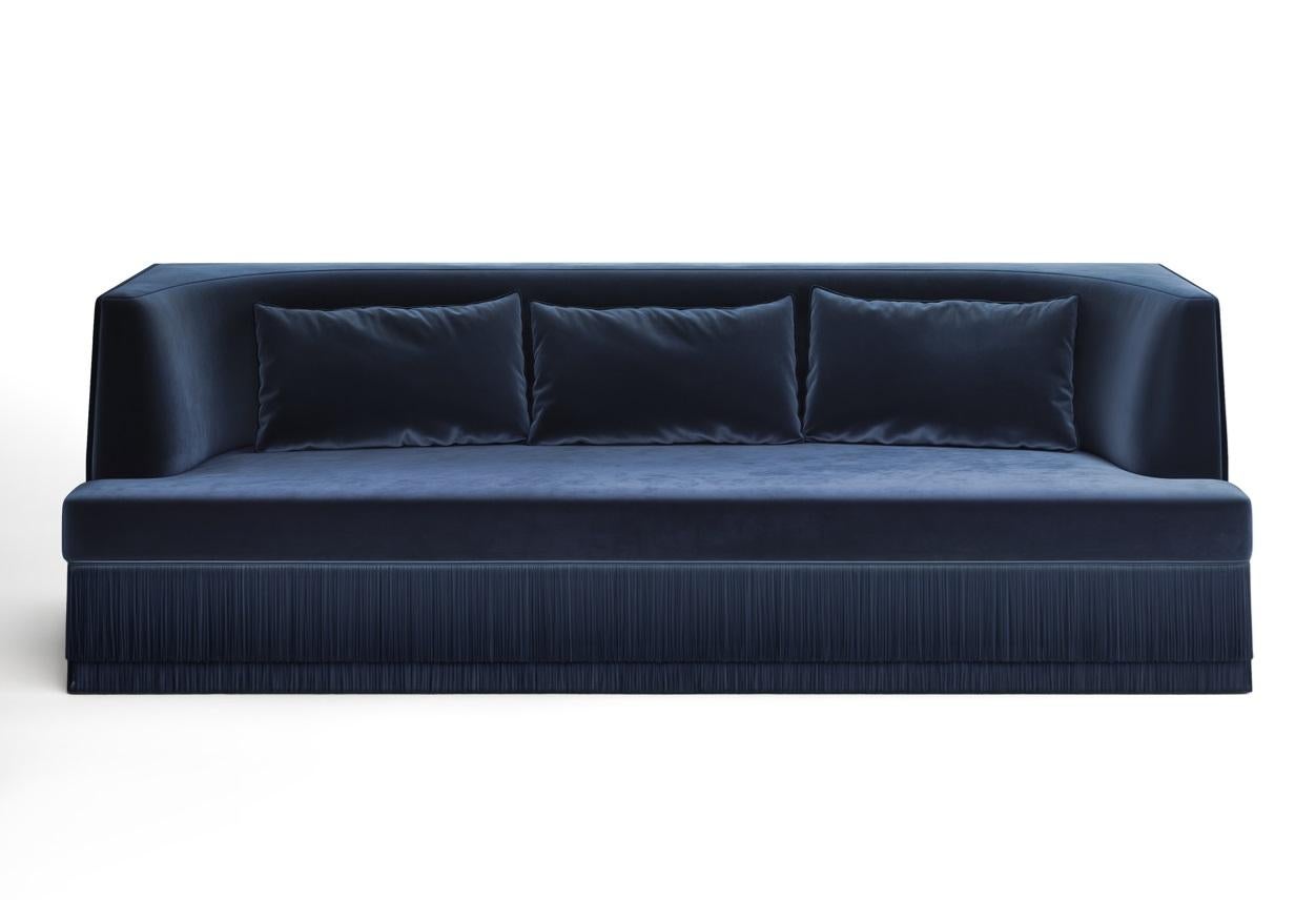 Hand-Crafted Alcove Linear Sofa With Curved Back & Fringe Detailing, Honey Velvet For Sale
