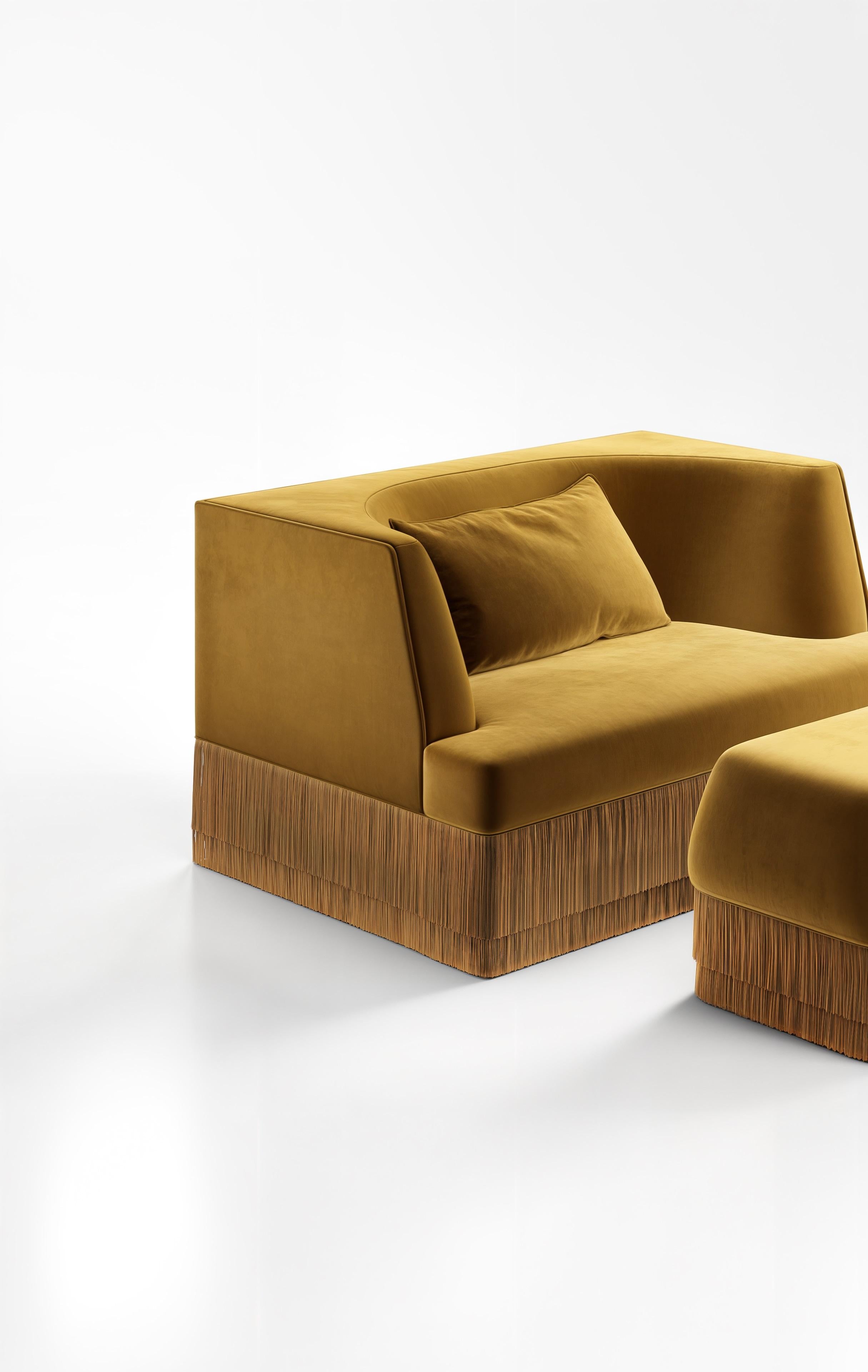 Upholstery Alcove Linear Sofa With Curved Back & Fringe Detailing, Honey Velvet For Sale