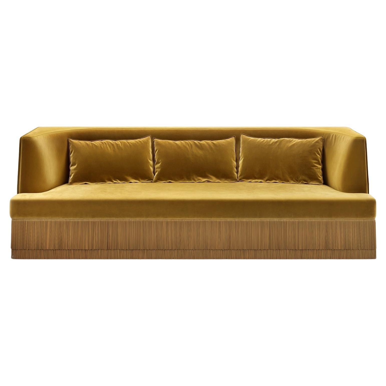 Alcove Linear Sofa With Curved Back & Fringe Detailing, Honey Velvet