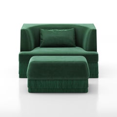 Alcove Fringe Sofa with Ottoman – Linear Form & Curved Back in Green Velvet