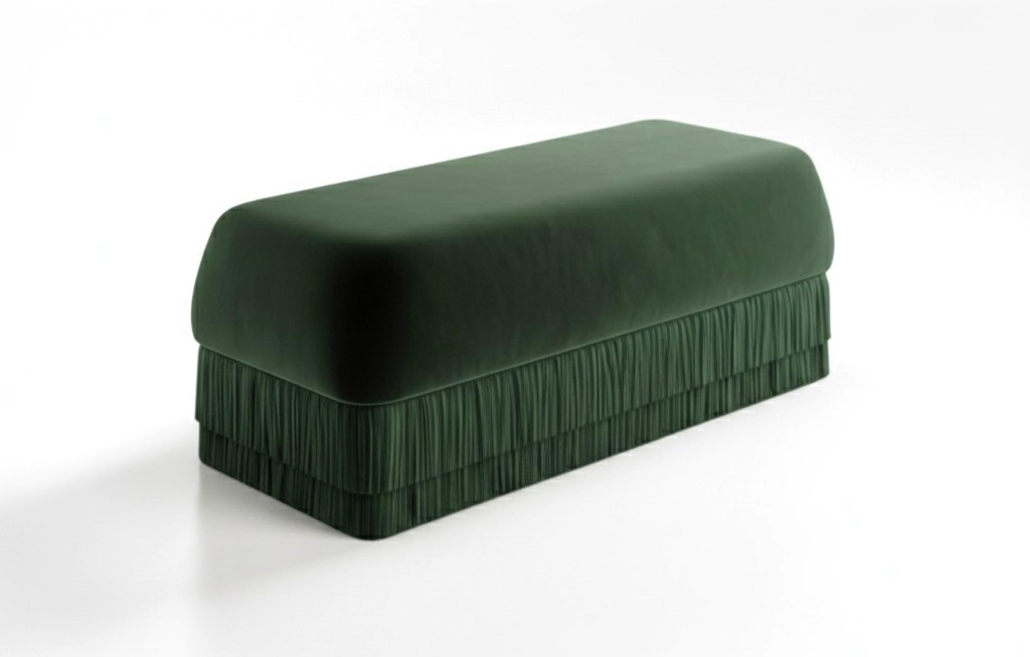 Modern Alcove Fringe Sofa with Ottoman – Linear Form & Curved Back in Green Velvet For Sale