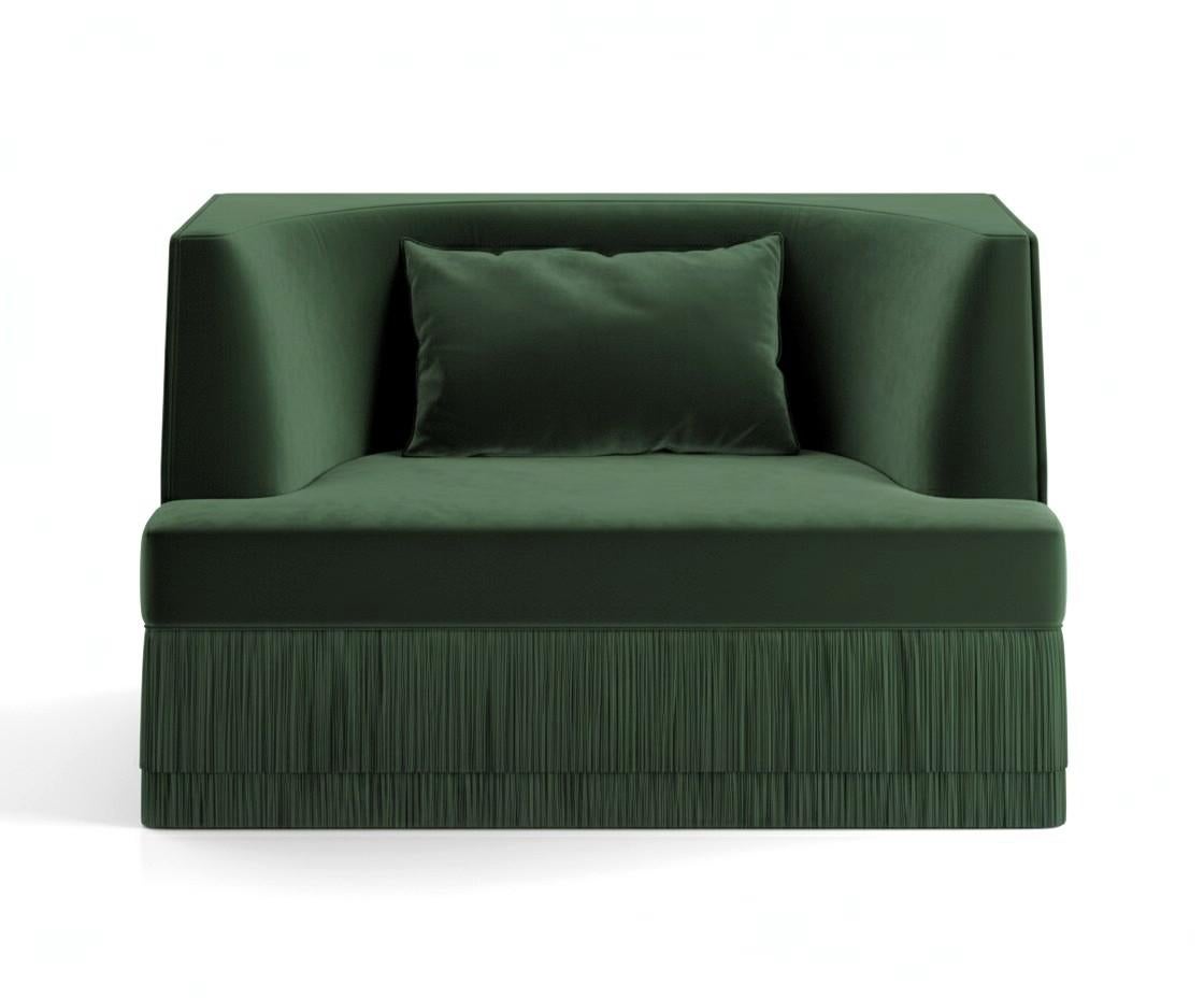 Portuguese Alcove Fringe Sofa with Ottoman – Linear Form & Curved Back in Green Velvet For Sale