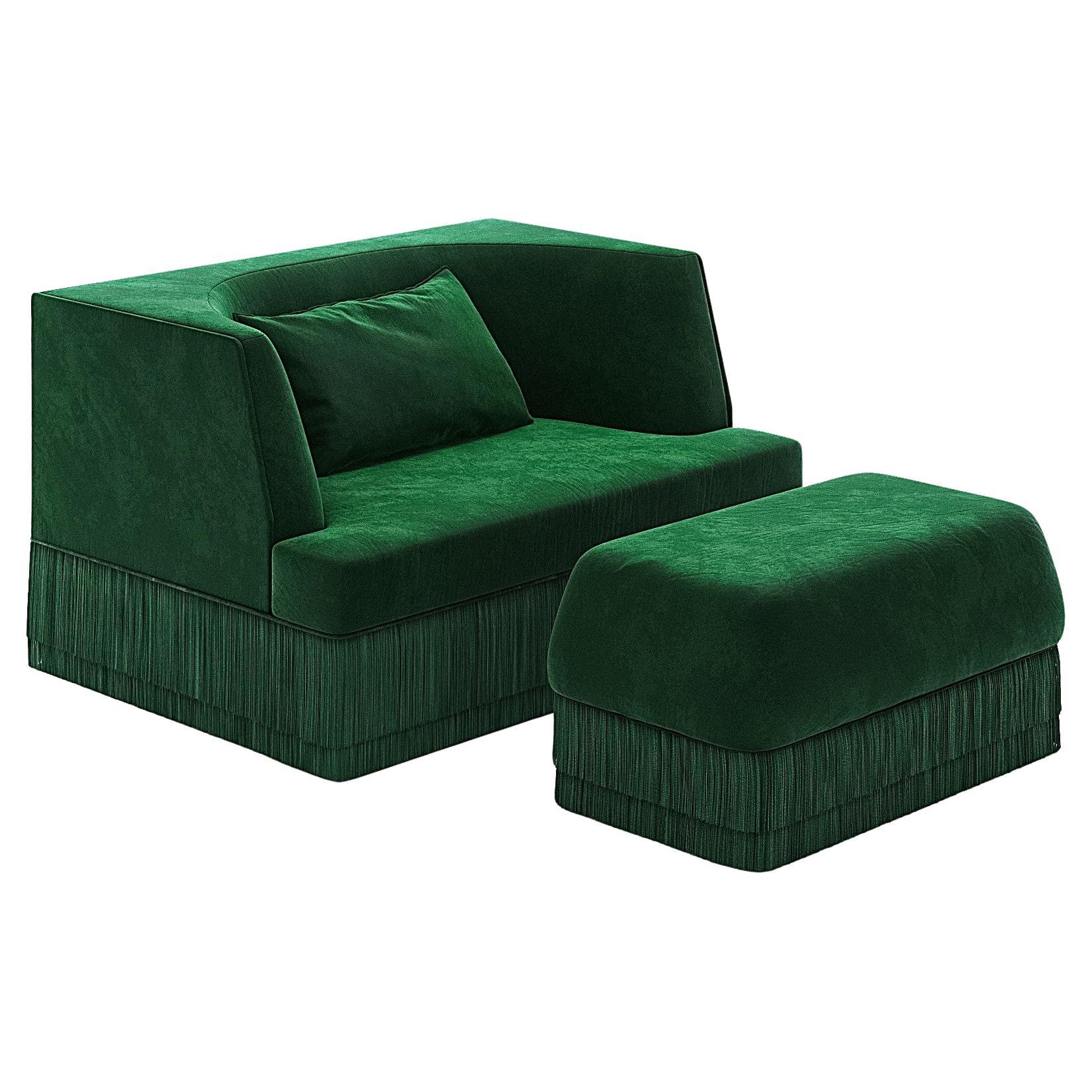 Alcove Fringe Sofa with Ottoman – Linear Form & Curved Back in Green Velvet For Sale