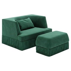 Alcove Canapé Fringe avec Ottoman - Forme linéaire et dossier incurvé en velours vert