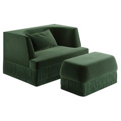 Alcove Fringe Sofa with Ottoman – Linear Form & Curved Back in Green Velvet