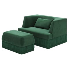Alcove Fringe Sofa with Ottoman – Linear Form & Curved Back in Green Velvet