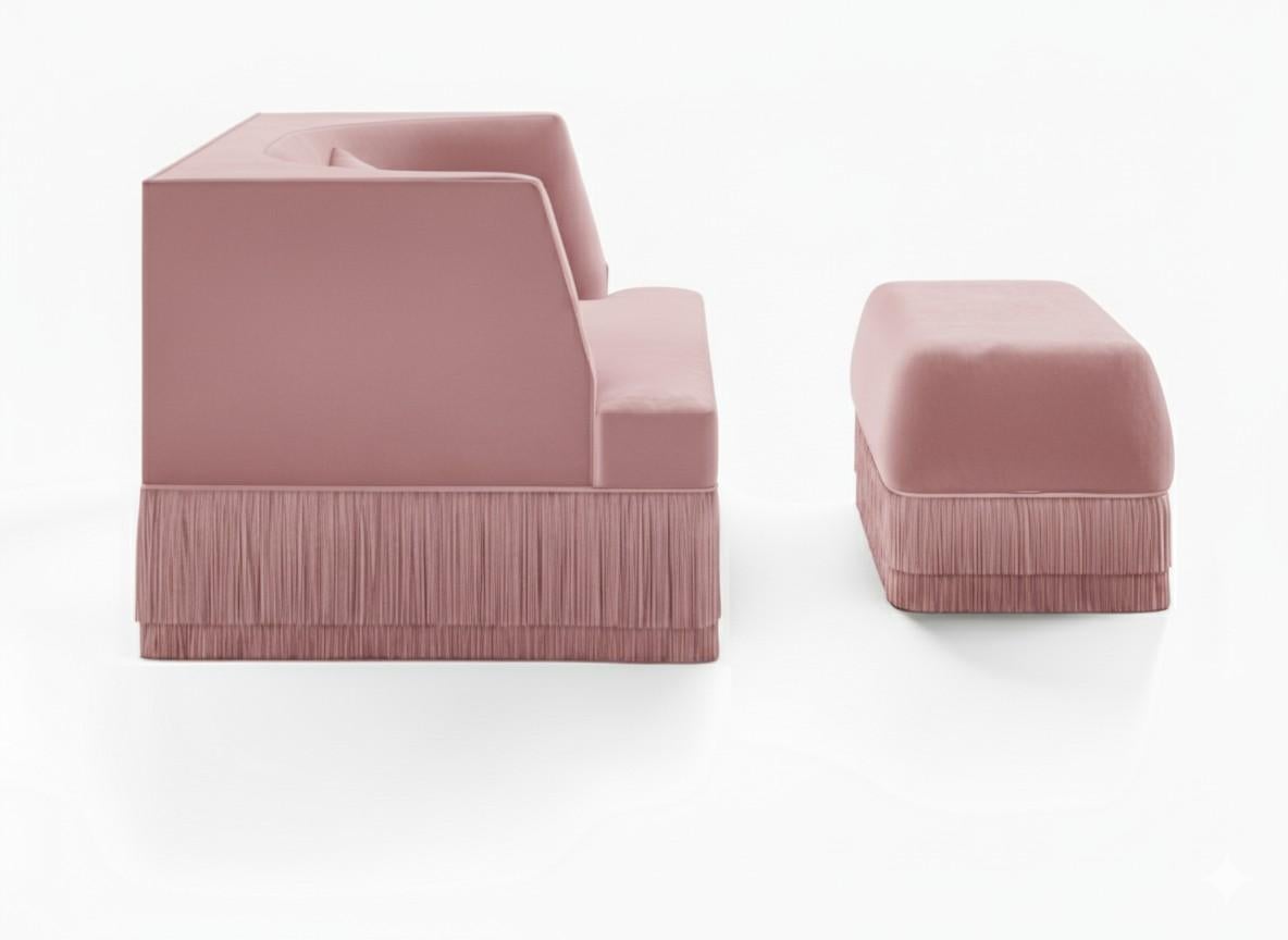 Modern Alcove Fringe Sofa with Ottoman–Linear Form & Fringed Base By Sidani Design For Sale