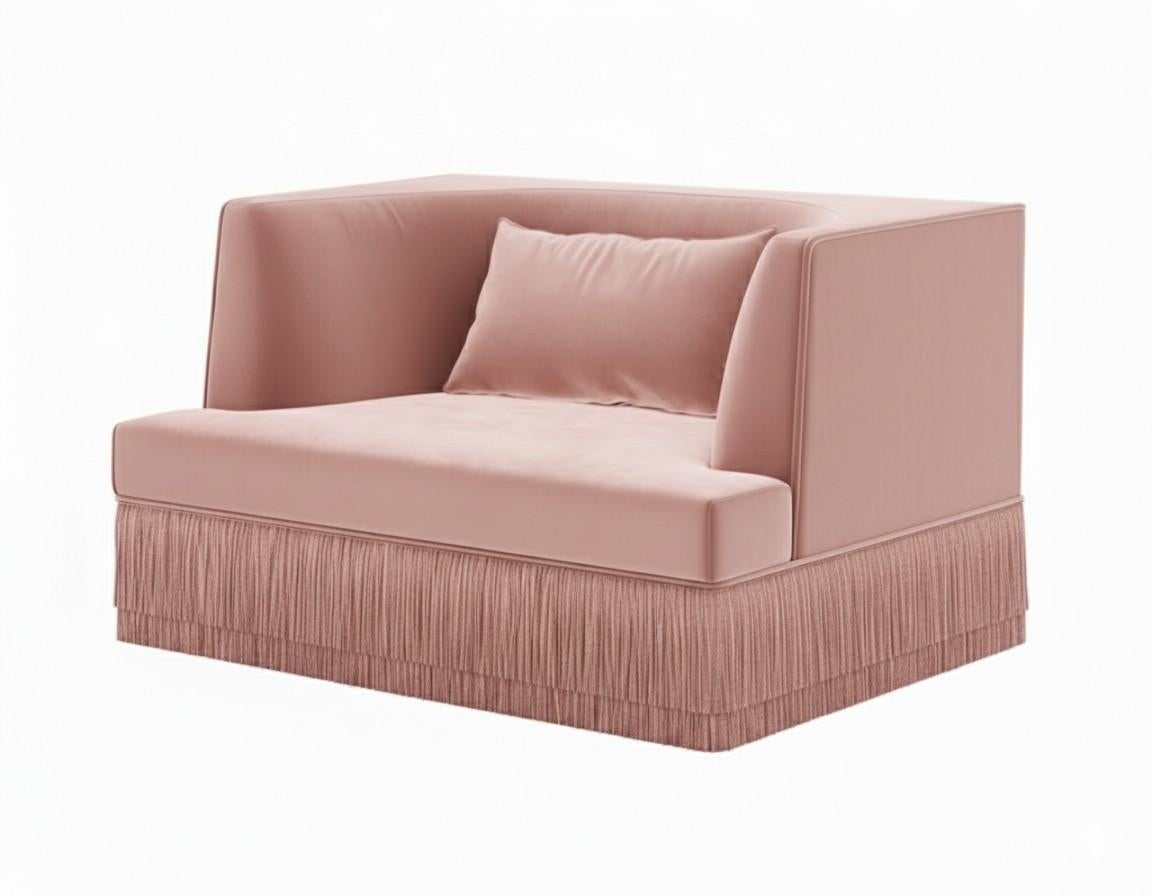 Alcove Fringe Sofa with Ottoman–Linear Form & Fringed Base By Sidani Design In New Condition For Sale In NEW YORK, NY
