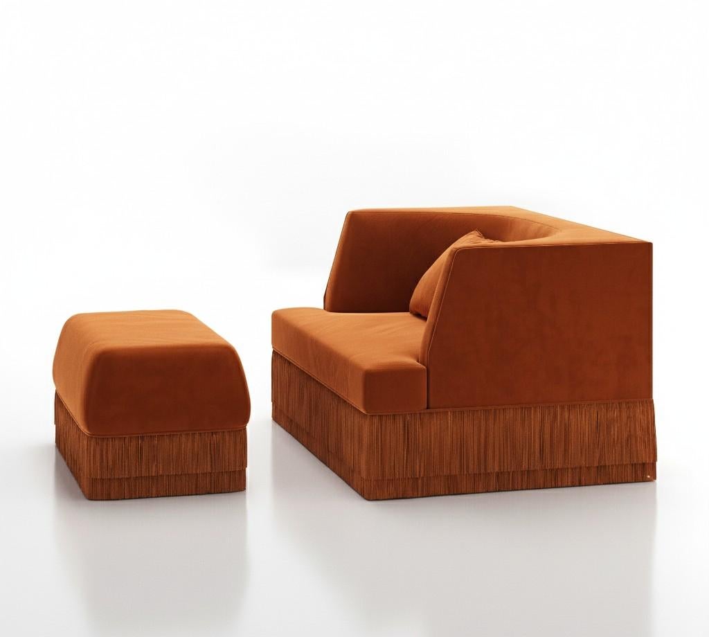 Modern Alcove Fringe Sofa with Ottoman–Linear Form & Fringed Base By Sidani Design For Sale