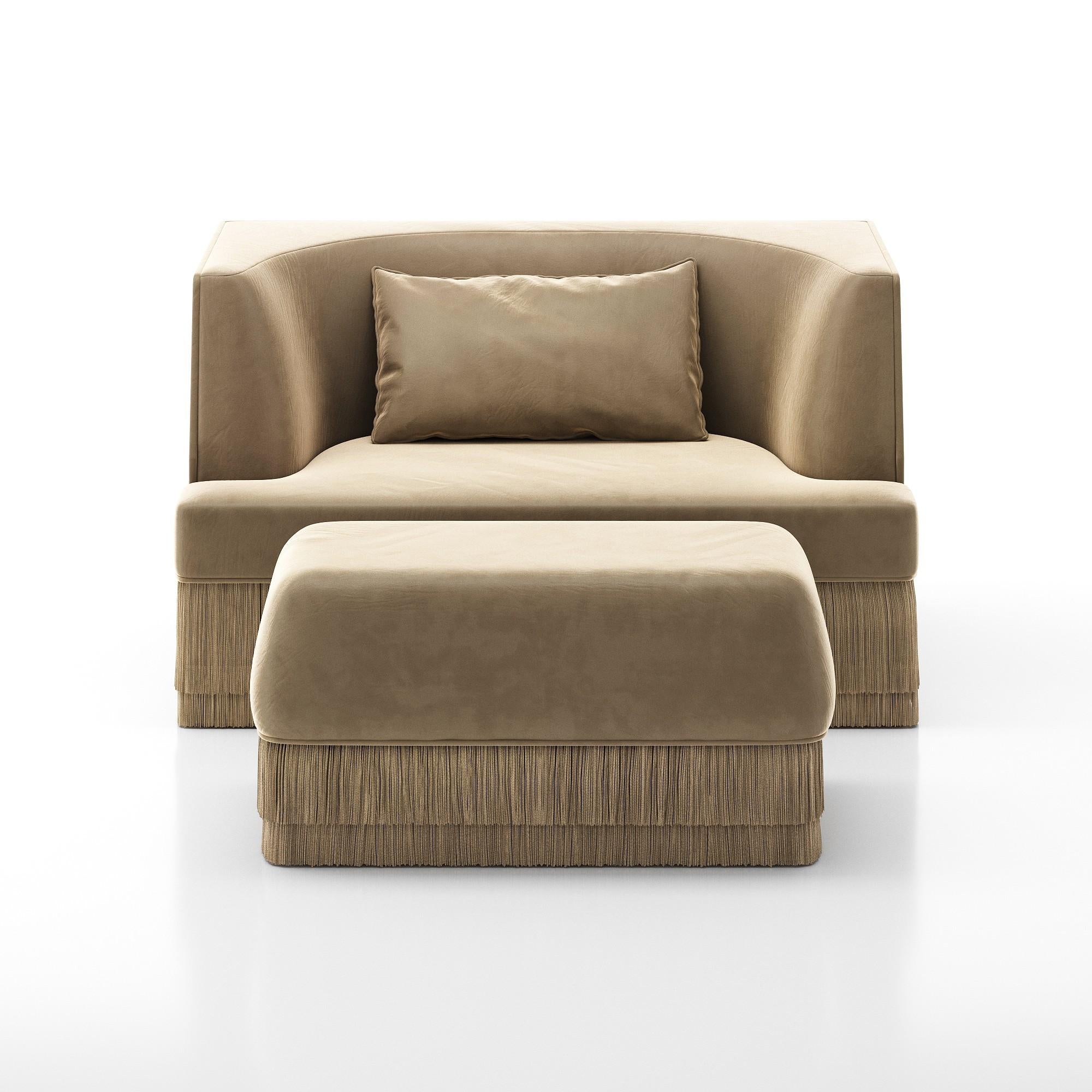 Modern Alcove Fringe Sofa with Ottoman–Linear Form & Fringed Base By Sidani Design For Sale