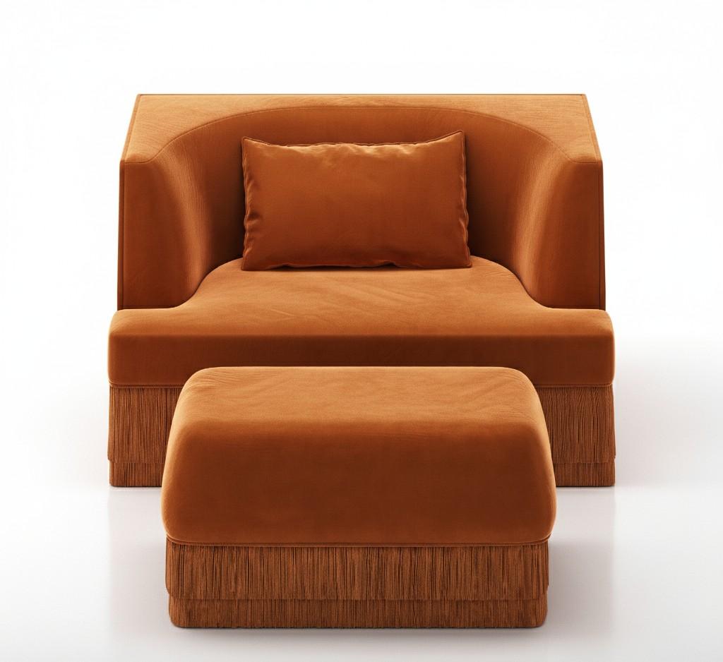 Portuguese Alcove Fringe Sofa with Ottoman–Linear Form & Fringed Base By Sidani Design For Sale