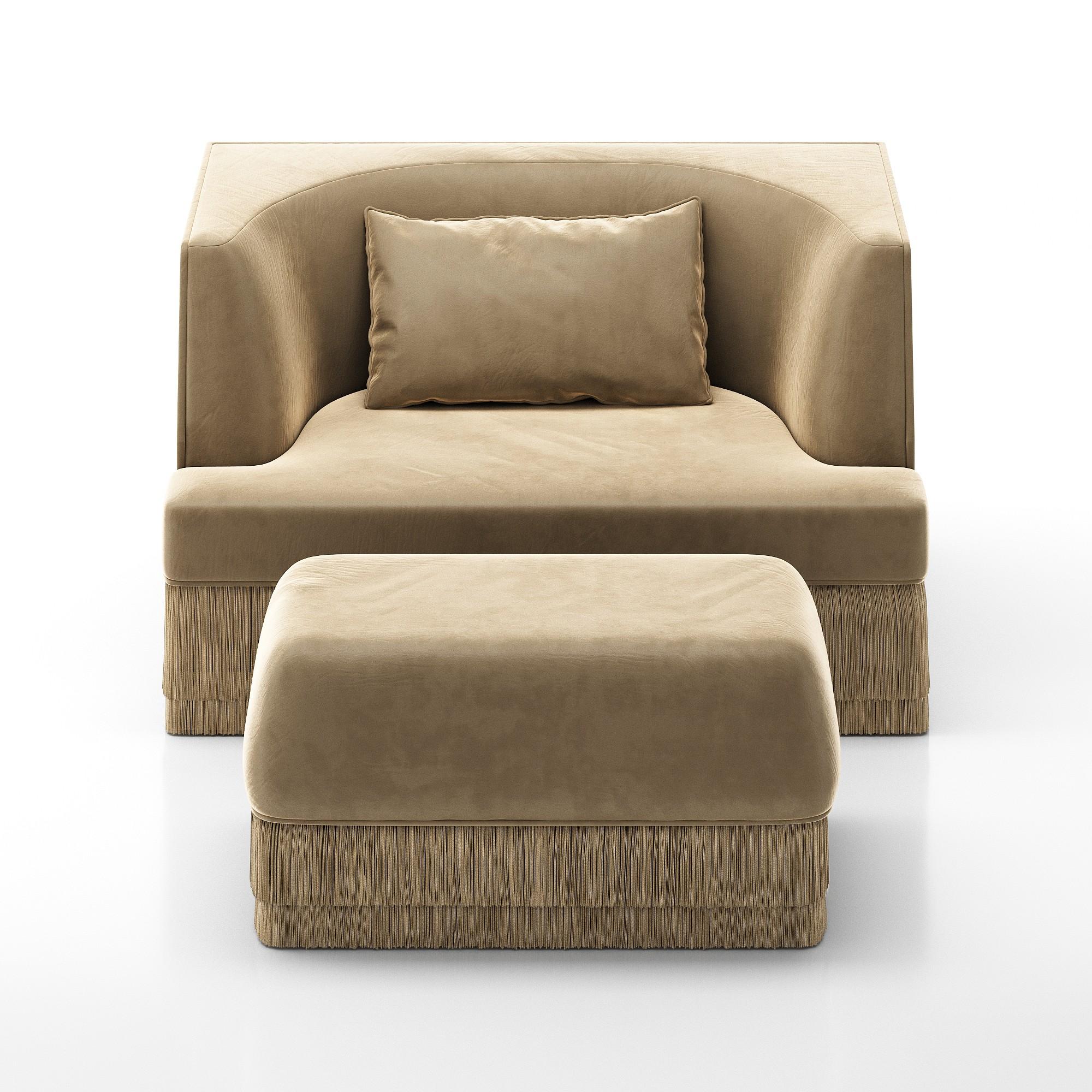 Hand-Crafted Alcove Fringe Sofa with Ottoman–Linear Form & Fringed Base By Sidani Design For Sale