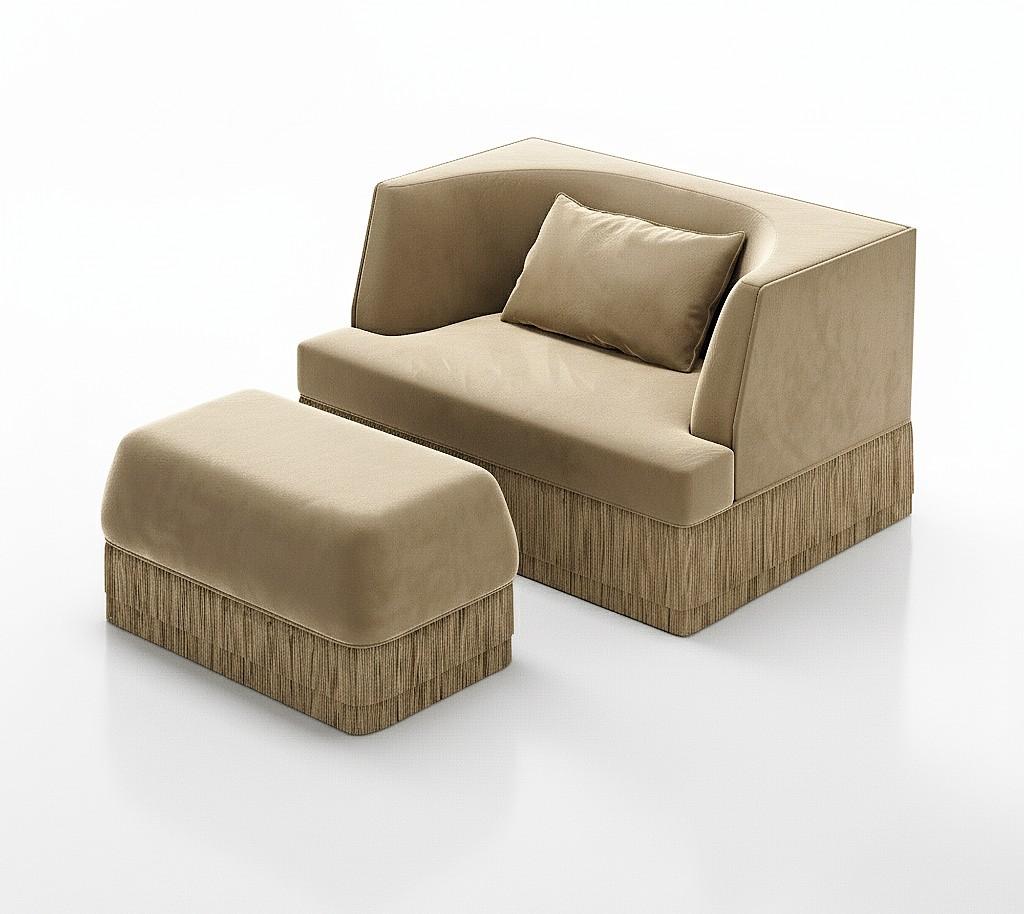 Contemporary Alcove Fringe Sofa with Ottoman–Linear Form & Fringed Base By Sidani Design For Sale