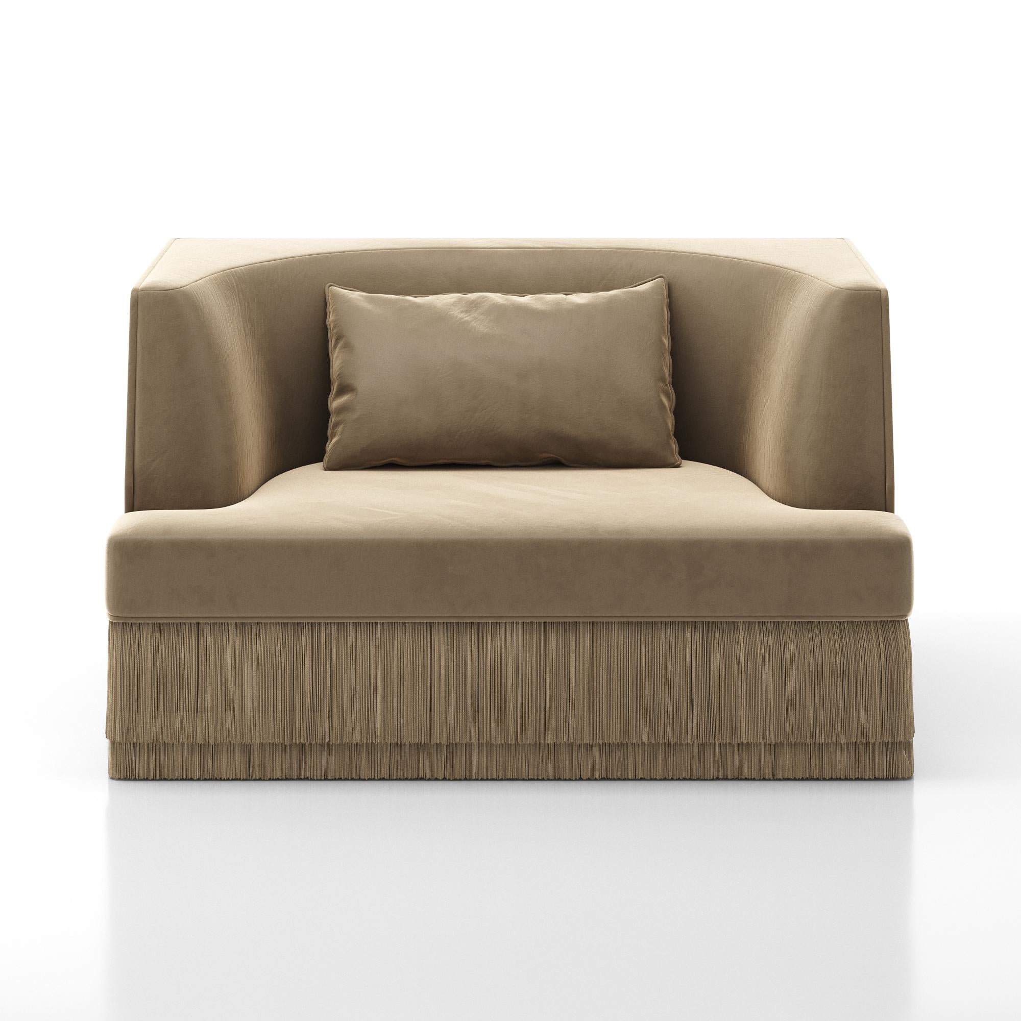 Upholstery Alcove Fringe Sofa with Ottoman–Linear Form & Fringed Base By Sidani Design For Sale